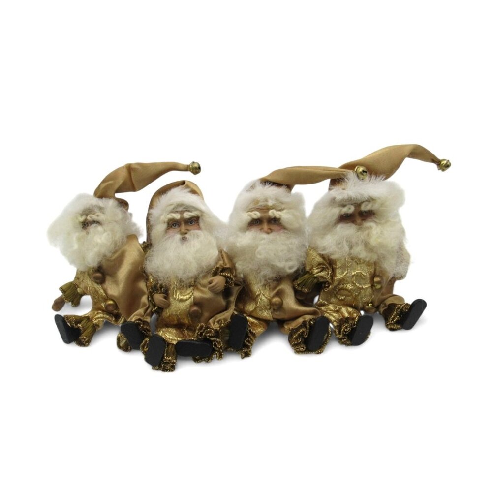 4 Small Gold Santa Claus Christmas Figurines With Beards and Jingle Bell Hats